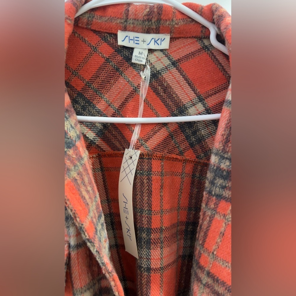 NEW She and Sky Button Up Top Jacket Orange Plaid Heavy Size Medium NWT - Picture 5 of 6